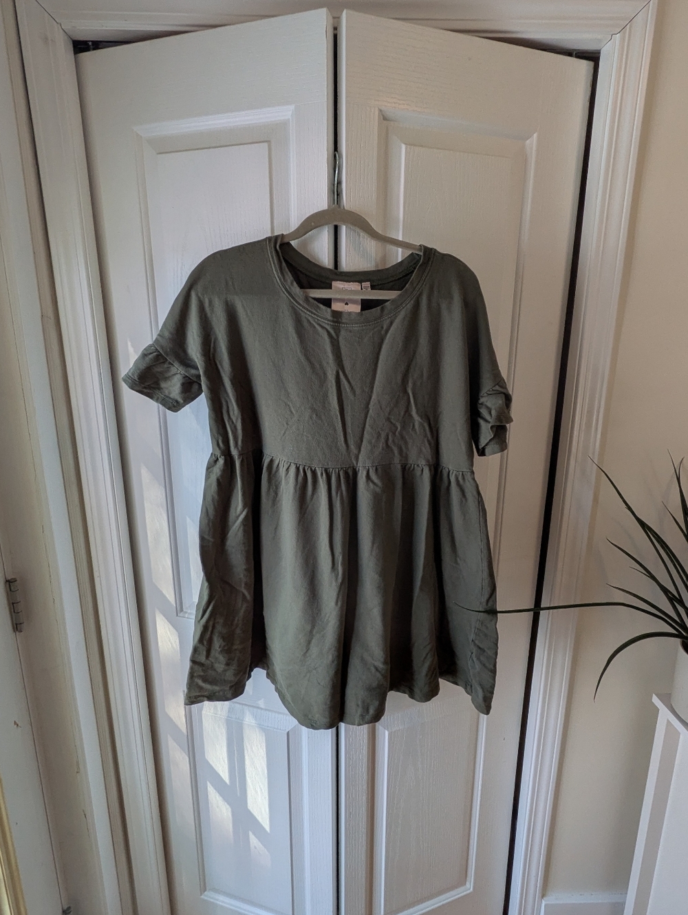 Women's Olive Green Babydoll Tunic Dress - Casual Short Sleeve